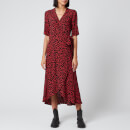 Ganni Women's Leaf Print Crepe Wrap Dress - Black/Red