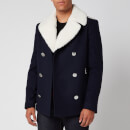 Balmain Men's Shearling Collar Badge Pea Coat - Marine