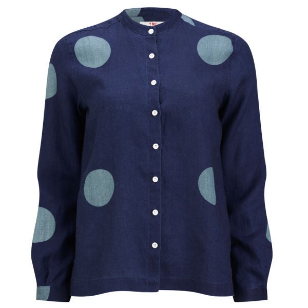 YMC Women's Spot Linen Grandad Shirt Indigo Free UK Delivery over £50