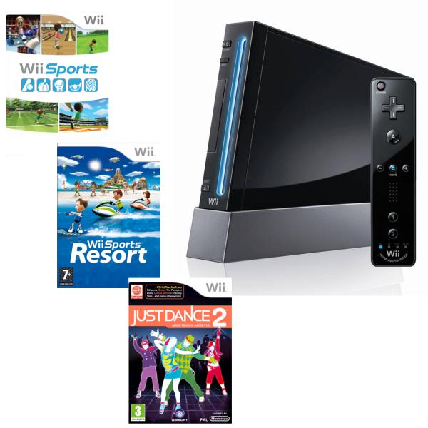 nintendo wii console black with wii sports and wii sports resort