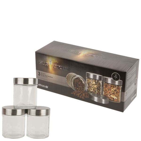 Hell's Kitchen Storage Set 3 Piece Screw Top Glass Canisters Homeware