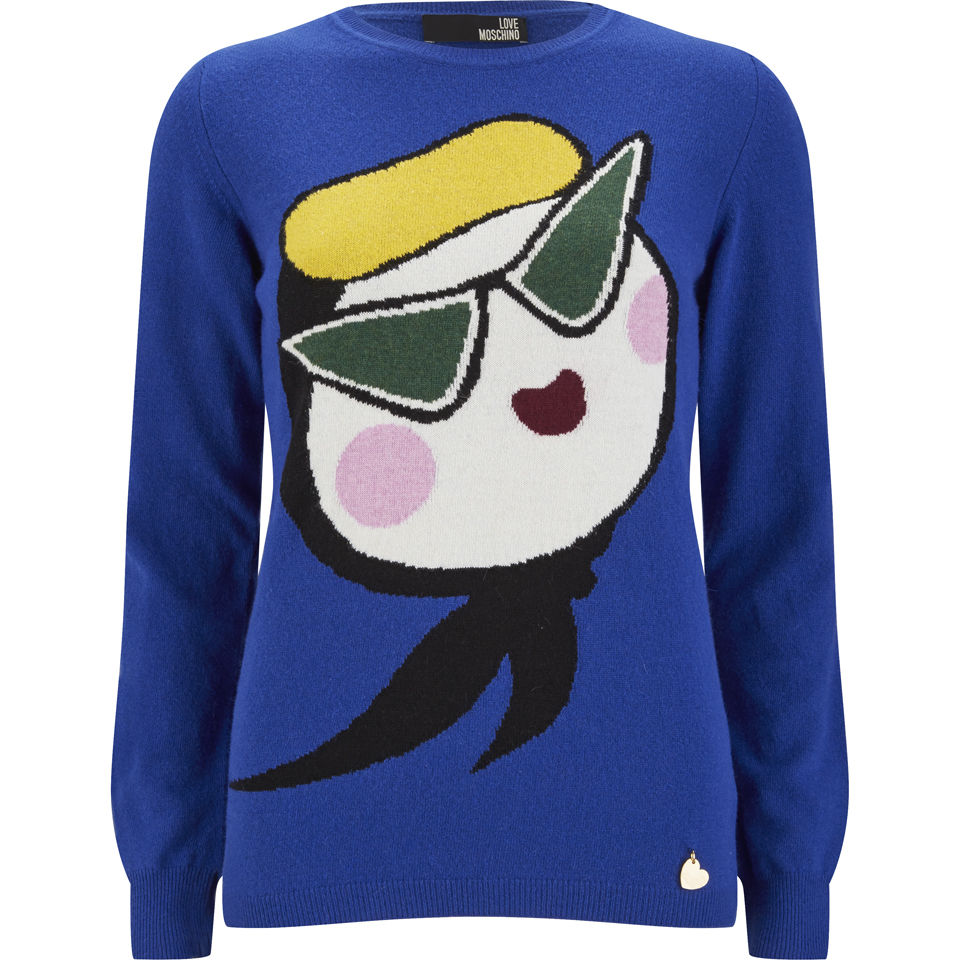 Love Moschino Women's Face Knitted Jumper Cobalt Blue Free UK