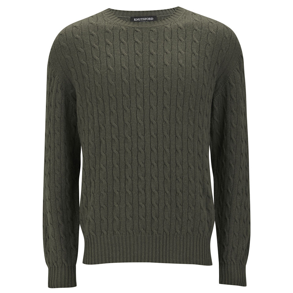 Knutsford Men's Cashmere Cable Knit Sweater - Khaki - Free UK Delivery ...
