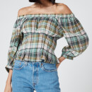 Free People Women's Teagan Plaid Puff Sleeve - Teal Combo