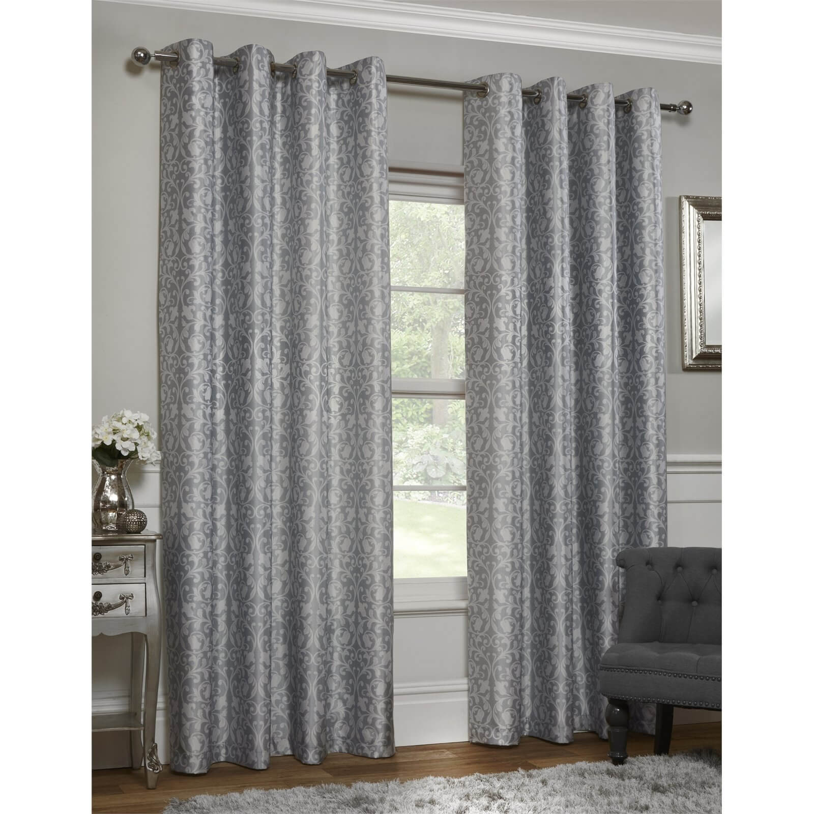 Faux Silk Damask Grey Lined Eyelet Curtains 117cm x 137cm Homebase