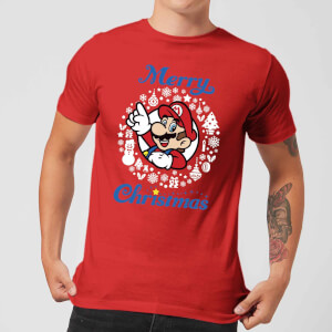 Nintendo Super Mario Mario White Wreath Merry Christmas Red T-Shirt