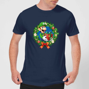 Nintendo Super Mario Luigi Christmas Present Wreath Navy T-Shirt