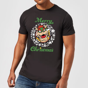 Nintendo Super Mario Bowser White Wreath Merry Christmas Black T-Shirt