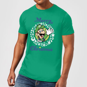 Nintendo Super Mario Luigi White Wreath Merry Christmas Green T-Shirt