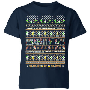 Nintendo Super Mario Yoshi Have A Merry Mario Christmas Kid's T-Shirt - Navy