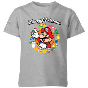 Nintendo Super Mario Mario Merry Christmas Wreath Kinder T-Shirt - Grau