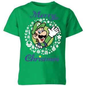 Nintendo Super Mario Luigi Merry Christmas Kid's T-Shirt - Kelly Green