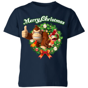Nintendo Donkey Kong Wreath Thumbs Up Kid's Christmas T-Shirt - Navy