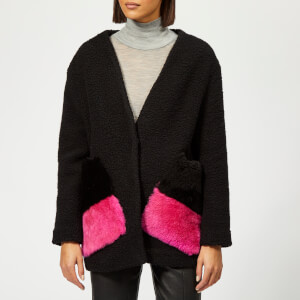 Anne Vest Women's Pine Knit Cardigan with Fur Pockets - Black with Black/Pink Pockets