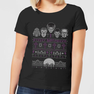 Camiseta Navideña Universal Monsters I Prefer Halloween - Mujer - Negro
