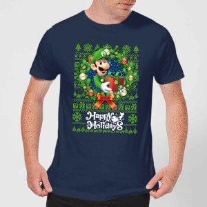Nintendo Super Mario Happy Holidays Luigi Men's Christmas T-Shirt - Navy