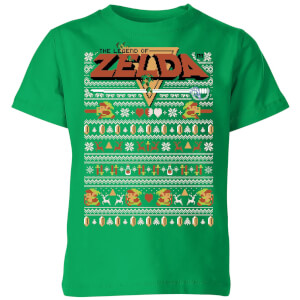 Nintendo Legend Of Zelda Pattern Kid's Christmas T-Shirt - Kelly Green