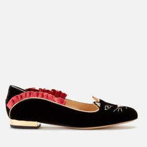 Charlotte Olympia Women's Kitty Velvet and Satin Flats - Black/Pink