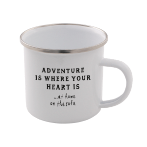 Adventure Is Where Your Heart Is... At Home On The Sofa Enamel Mug – White