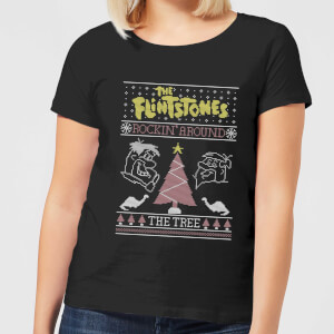 Flintstones Rockin Around The Tree Women's Christmas T-Shirt - Black