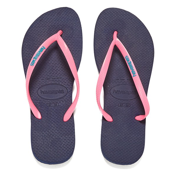 Havaianas Women's Slim Logo Flip Flops - Navy Blue/Pink - FREE UK Delivery