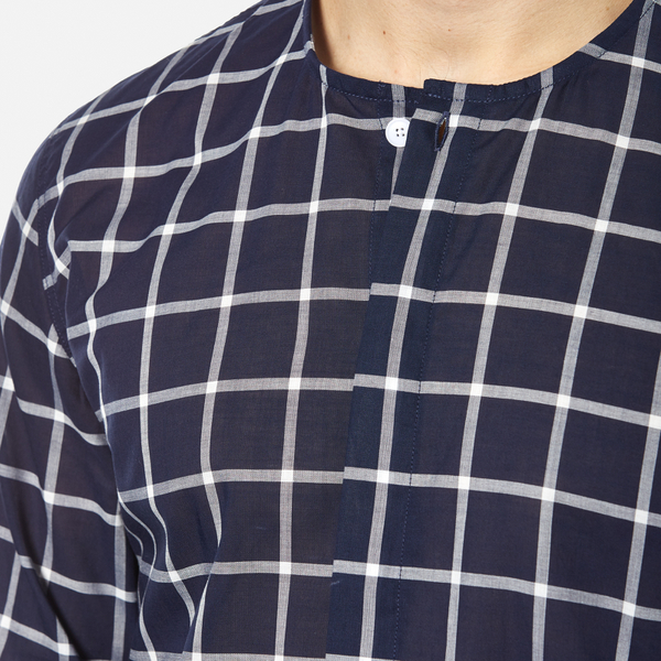 Folk Men's Collarless Shirt - Navy Check - Free UK Delivery over £50