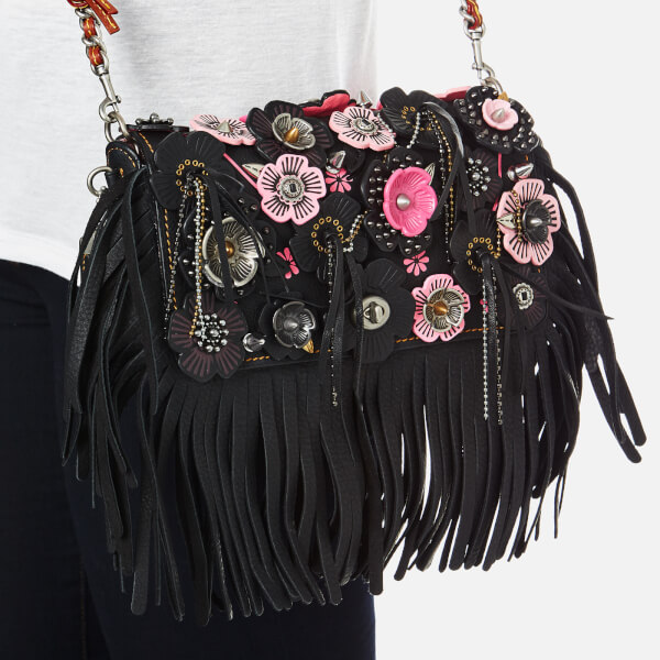 Coach Women&#39;s Wild Tea Rose Fringe Dinky Cross Body Bag - Black/Pink - Free UK Delivery over £50