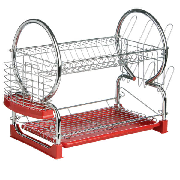 2 Tier Dish Drainer with Red Plastic Tray Homebase