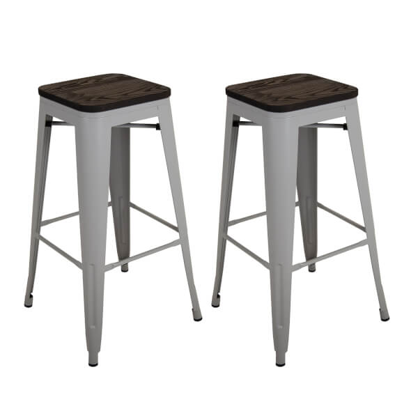 Pair of Metal & Wood Bar Stools Grey Homebase