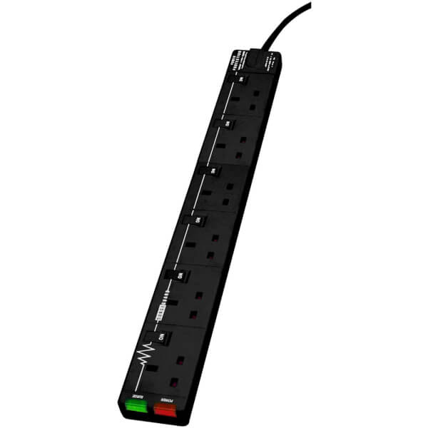Masterplug 6 Socket Switched Surge Extension Lead 2m Black Homebase