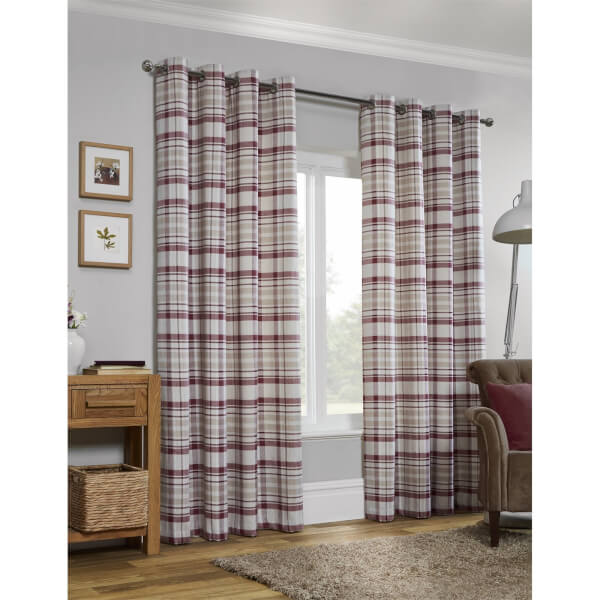 Canvas Check Red Lined Eyelet Curtains 117cm x 137cm Homebase