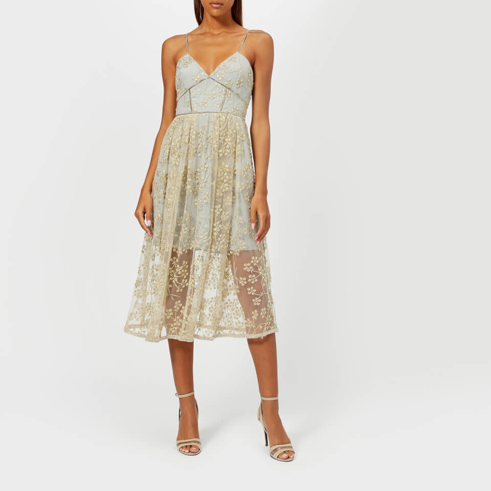 floral embroidered mesh midi dress