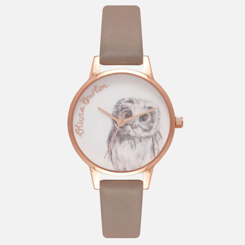 Olivia Burton Women S Illustrated Animals Owl Motif Watch Iced Coffee And Rose Gold
