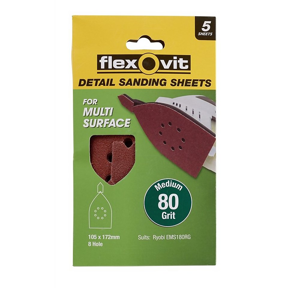 Flexovit Detail All Surface Detail Sandpaper 105 x 175mm 80 Grit Medium Homebase