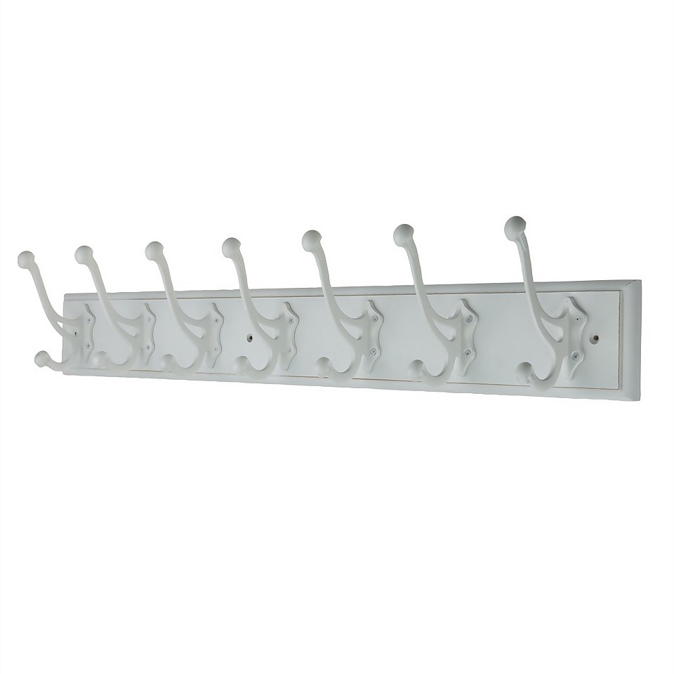 7 White Antique Hooks on Rustic Board Homebase